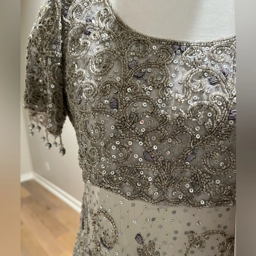 Lehenga - silver/gray, sequence & bead work, sheer skirt, solid satin pants, XS - Picture 6 of 9